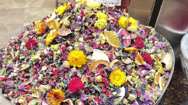 Colorful herbal tea store in old bazaar of Tehran in Iran traditional tajrish market sold dry flower herbs mint organic healthy beverage spice market Istanbul Turkey tourism Persian culture retro
