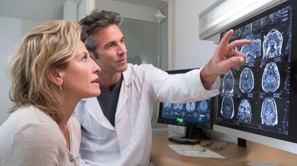 A medical professional discusses brain scan results with a patient in a clinical setting, showcasing the importance of communication in healthcare and patient understanding.