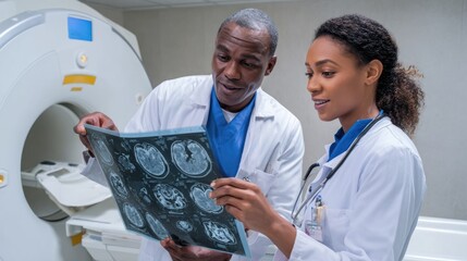 Two medical professionals collaborate to analyze MRI scans in a modern healthcare environment, showcasing teamwork and dedication to patient care.