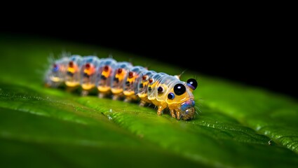 Fototapeta premium Translucent caterpillar crawling on a vibrant green leaf in a dark background