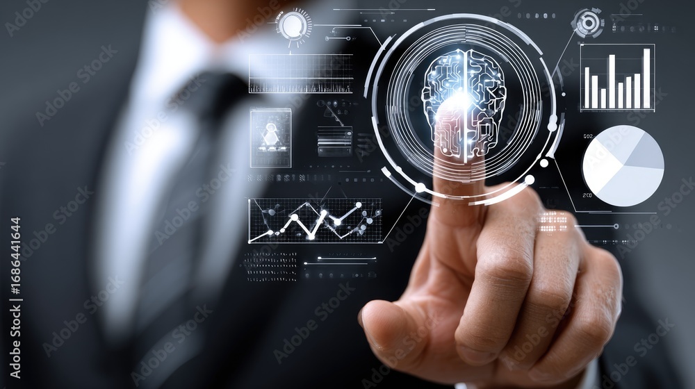 Poster a businessman interacts with advanced digital technology, showcasing data visualizations and touch i