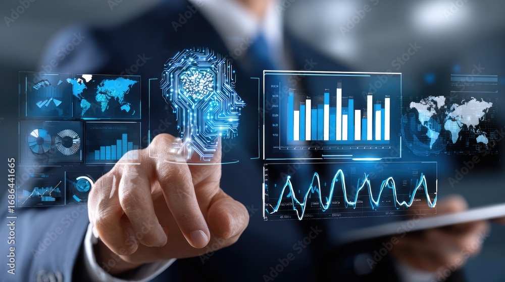 Poster a professional man interacting with futuristic digital interfaces, showcasing data analytics and art