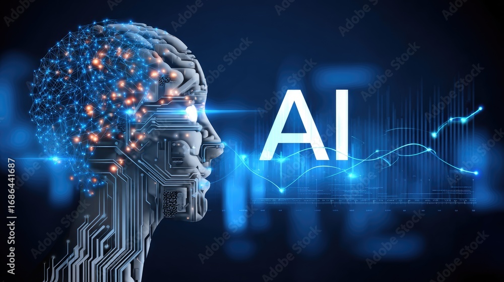 Poster a futuristic representation of artificial intelligence, showcasing a digital brain with glowing node