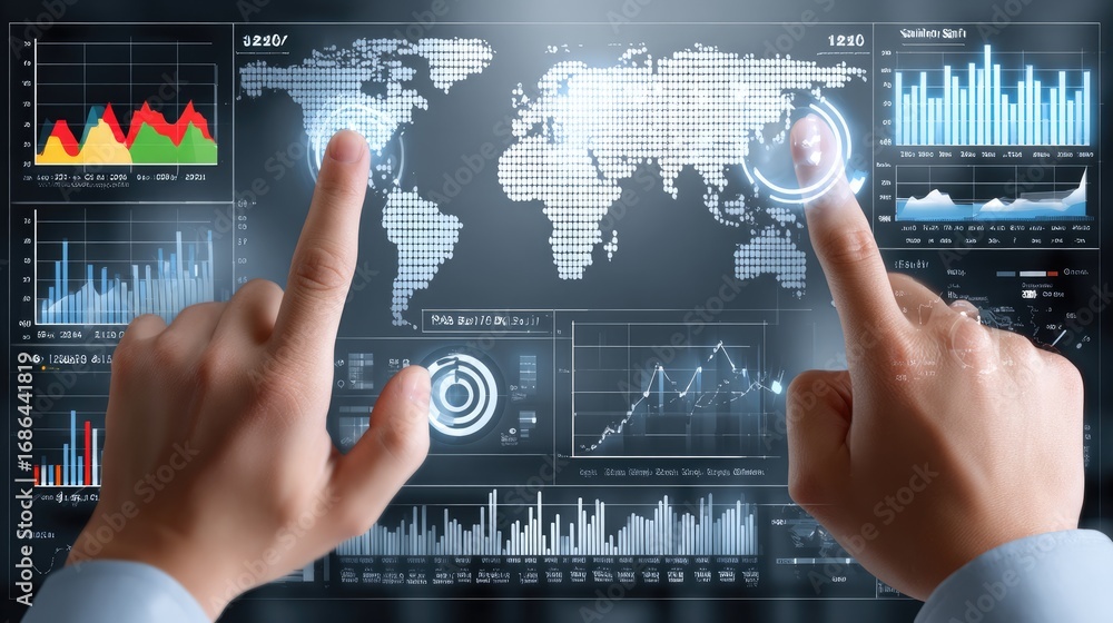 Aufkleber innovative technology interface showcasing hands interacting with a digital world map, representing 