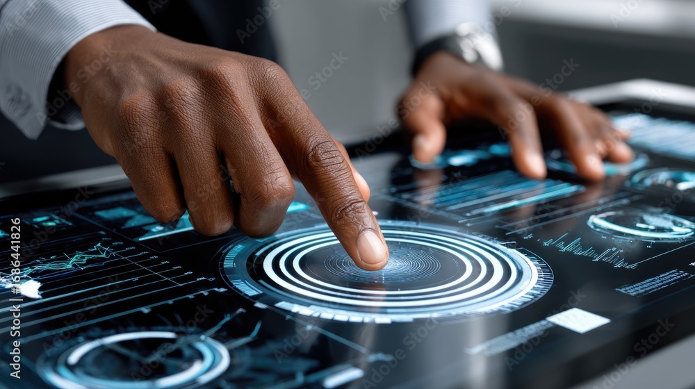 Poster a close-up of a hand interacting with a modern touchscreen display featuring advanced data visualiza