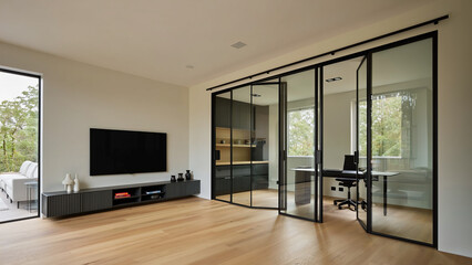 Living room with glass partition home office and wooden floor 
