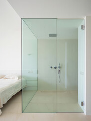 Bedroom with glass shower enclosure and minimalist white interior 
