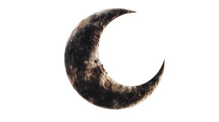 A crescent moon with detailed craters and surface texture illuminated against a dark sky.