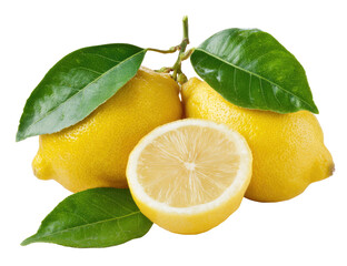 Fresh lemons with leaves.  Three whole lemons and one half lemon are displayed, vibrant yellow with bright green leaves.  The lemons are clustered together, a close-up view