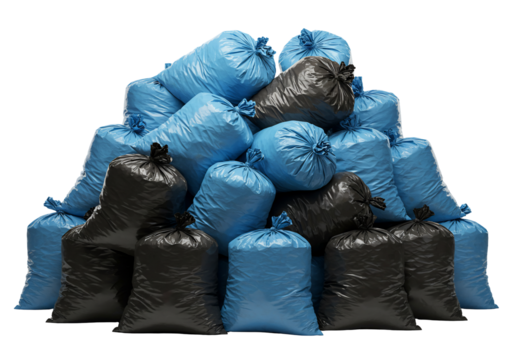 Blue and black garbage bags pile waste disposal recycling environmental