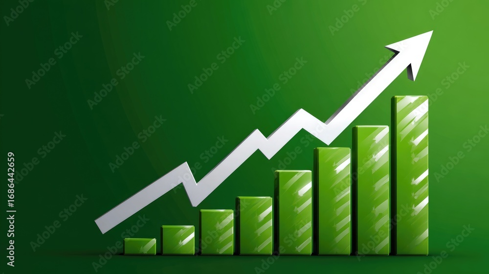 Poster a dynamic graph symbolizing growth and progress with ascending green bars and an upward arrow. perfe