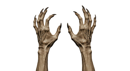 Creepy monster hands reaching up isolated on transparent background