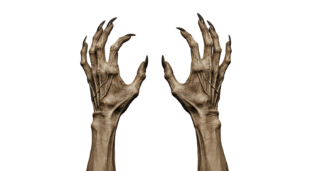 Creepy monster hands reaching up isolated on transparent background