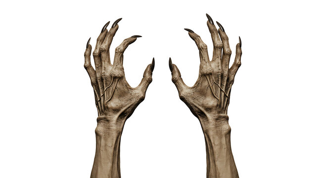 Creepy monster hands reaching up isolated on transparent background