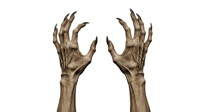 Creepy monster hands reaching up isolated on transparent background