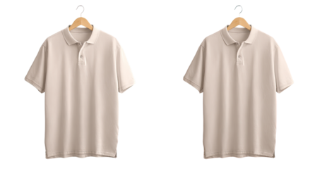 Two identical light beige polo shirts on wooden hangers