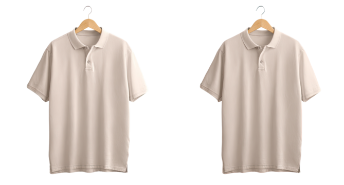 Two identical light beige polo shirts on wooden hangers