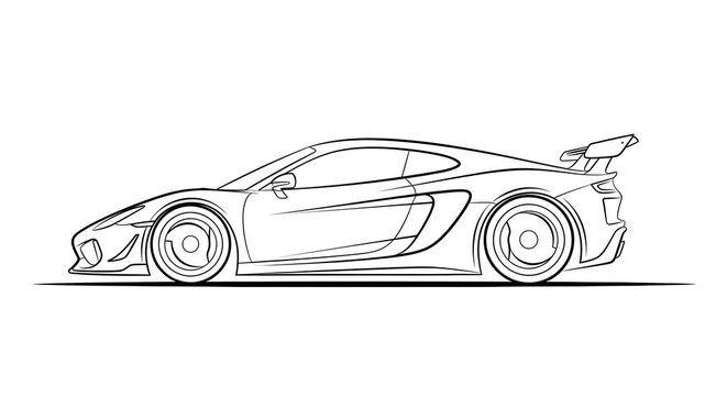 Side profile line drawing of a modern high-performance supercar with a large rear wing. Minimalist vector illustration of an exotic racing vehicle