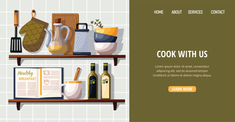 Rustic wooden shelves display assorted ceramic and wooden kitchenware. Grater, jug with olive oil, cutting board and plates on wooden shelf. Website template.