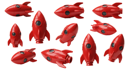 Red rocketship collection multiple views transparent background