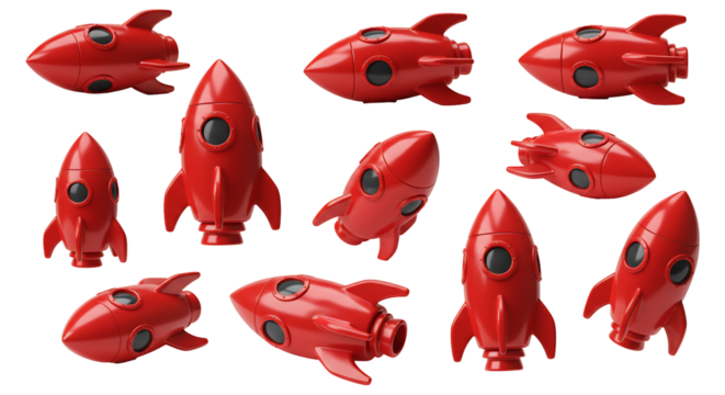 Red rocketship collection multiple views transparent background