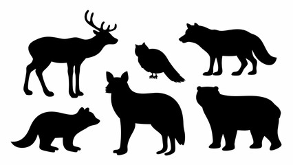 Fototapeta premium Silhouette depiction featuring a deer, owl, raccoon, wolf, bear, and coyote in black color