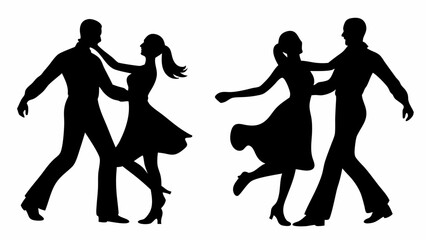 Two couples are dancing in silhouette with one couple on the left and one couple on the right side view