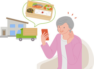 ネットの弁当の宅食サービスをスマホで見つけて喜ぶシニア女性