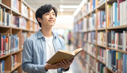 Naklejka na ściany i meble 図書館で本を読む男子大学生