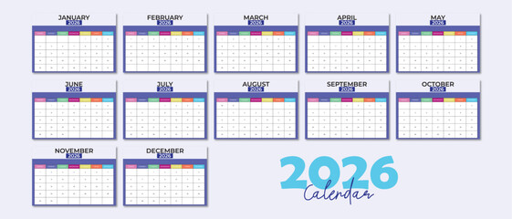 2026,calendar,weekly flat vector 2026 calendar template showing clean weekly layout grid with blue header design