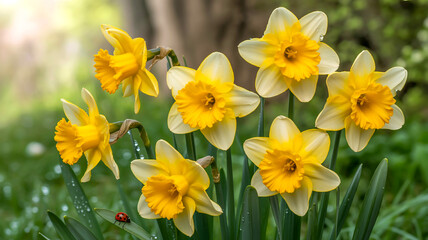 close-up photograph of seven vibrant yellow daffodils in full bloom against a blurred natural background