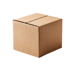 A closed, light brown cardboard box, square in shape