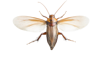 A detailed close-up of a brown cockroach with fully extended wings, visible antennae, and intricate body textures against a black backdrop.