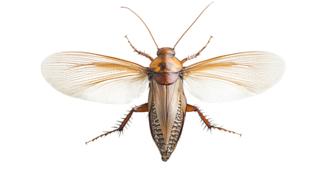 A detailed close-up of a brown cockroach with fully extended wings, visible antennae, and intricate body textures against a black backdrop.