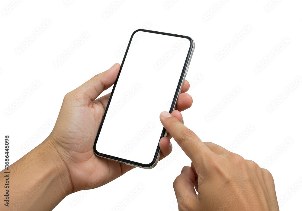 Poster hand holding a smartphone with blank screen isolated on transparent background