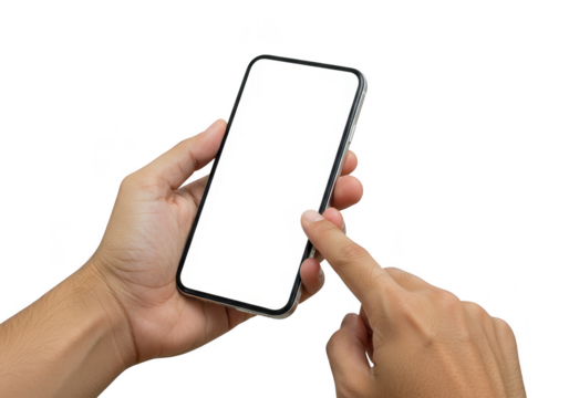 Hand holding a smartphone with blank screen isolated on transparent background