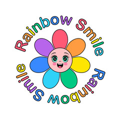 Cute and happy cartoon flower with rainbow petals and Rainbow Smile text.