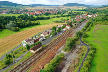 Railway in the town of Švihov with a medieval castle in the Šumava foothills. Czech Republic, Central Europe.