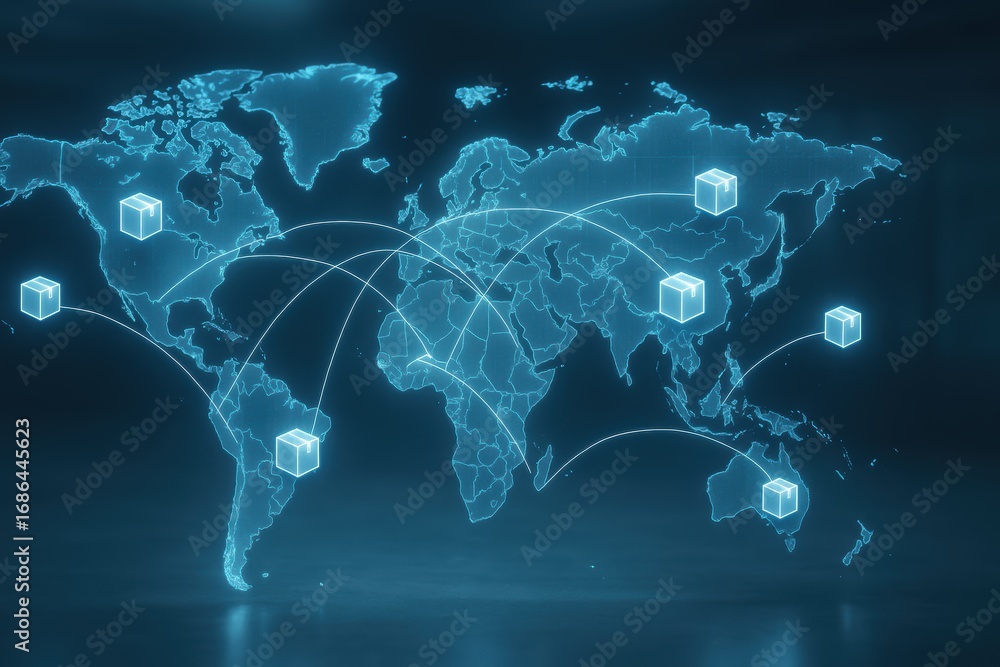 Poster global data connectivity: a sleek, futuristic illustration of a world map, enhanced with interconnec
