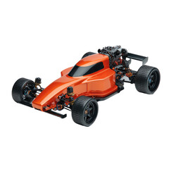 Orange racing car model, low profile, exposed engine, sleek design