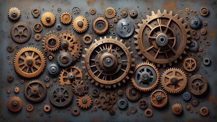 Assorted gears and cogs scattered on a textured surface creating a mechanical pattern