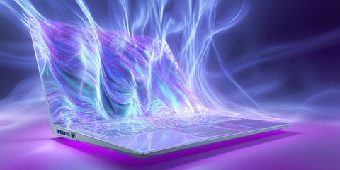 Technological Mirage: Laptop with Shimmering Heat Patterns on Translucent Surface, Revealing Copper Heat Pipes in Cool Lab Setting - Photorealistic Illustration