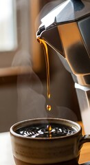 Aromatic coffee streaming from a classic stovetop brewer into a cozy cup