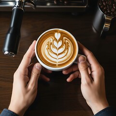 Hands holding perfectly frothed latte art coffee