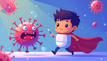 Cartoon boy superhero fighting a virus