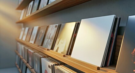 Vinyl Records on Display: A curated selection of vinyl records showcased on rustic wooden shelves, evoking a sense of nostalgia and the enduring appeal of analogue music.