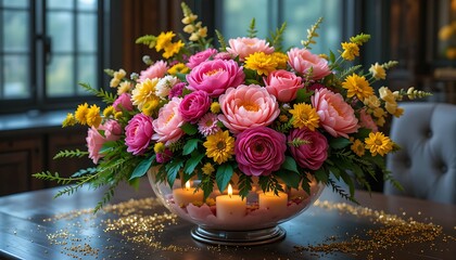 50th birthday floral centerpiece featuring an explosion of fuchsia peonies,golden yellow snapdragons and emerald green foliage,presented in a large glass bowl filled with floating candles