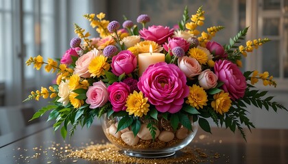 50th birthday floral centerpiece featuring an explosion of fuchsia peonies,golden yellow snapdragons and emerald green foliage,presented in a large glass bowl filled with floating candles