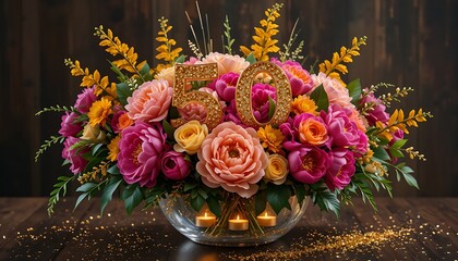 50th birthday floral centerpiece featuring an explosion of fuchsia peonies,golden yellow snapdragons and emerald green foliage,presented in a large glass bowl filled with floating candles