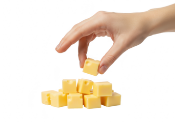 Hand picking cheese cubes isolated on transparent background